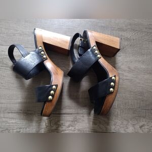 Frye Tori 2 Band Sling Platform Wood Heel Sandals Black Leather Size 7.5